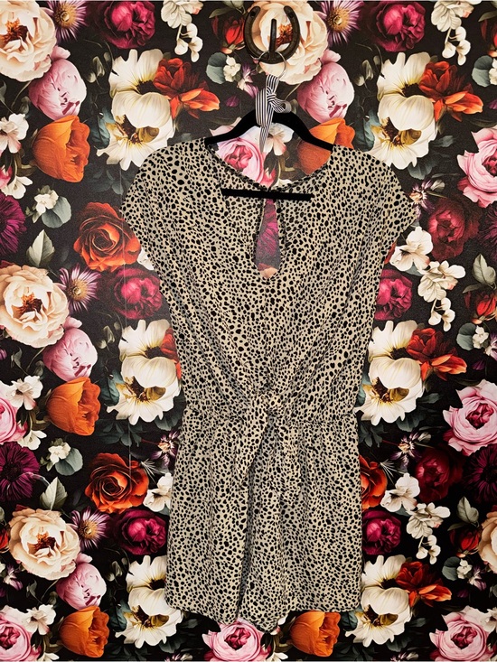 Francesca's Collections Pants - Francesca's Collections Beige and Black Leopard Print Open-Back Romper, M